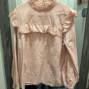 LOFT Outlet Pink Ruffle Blouse XL – Heart Print Long Sleeve